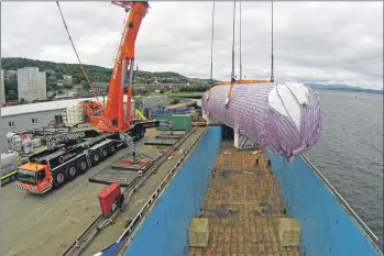  ??  ?? A giant fuel tank was delivered to Ferguson’s shipyard in Port Glasgow last Friday. The tank will help power the new Arran ferry.