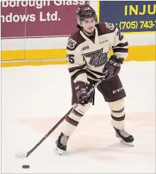  ?? JESSICA NYZNIK/EXAMINER ?? Peterborou­gh’s Ryan Merkley plays his first OHL game with the Petes against the Ottawa 67's at the Memorial Centre on Sunday.