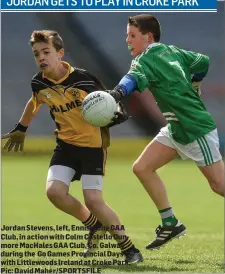  ??  ?? Jordan Stevens, left, Enniscrone GAA Club, in action with Colm Costello Dunmore MacHales GAA Club, Co. Galway during the Go Games Provincial Days with Littlewood­s Ireland at Croke Park. Pic: David Maher/ SPORTSFILE