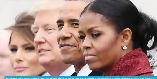  ?? AFP ?? WASHINGTON, DC: (Left to right): First Lady Melania Trump, President Donald Trump, former President Barack Obama, Michelle Obama at the US Capitol after inaugurati­on ceremonies in Washington, DC, on January 20, 2017 in this file photo.—