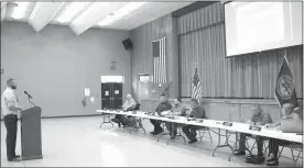  ?? Mona Weatherly ?? Above, City Administra­tor Dan Knoell, left, speaks before the Broken Bow City Council April 12. Seated, from left are council members Larry Miller, David Blatz and David Schmidt; Mayor Rod Sonnichsen; City Attorney Jason White; and Deputy City Clerk Megan Linn.