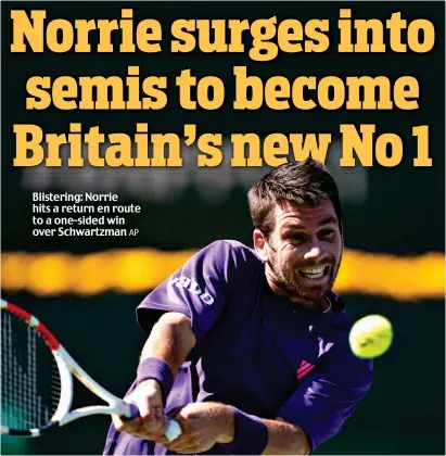  ?? AP ?? Blistering: Norrie hits a return en route to a one-sided win over Schwartzma­n