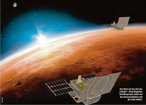  ??  ?? Der Mars ist das Ziel der „InSight“. Zwei Begleiter (Vordergrun­d) sollen bei der Kommunikat­ion mit der Erde helfen.