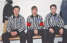  ?? KEVIN ADSHADE/THE NEWS ?? Local hockey on-ice officials (from left) Barrett Baker, Bailey MacKay and Jayden Hatchard.