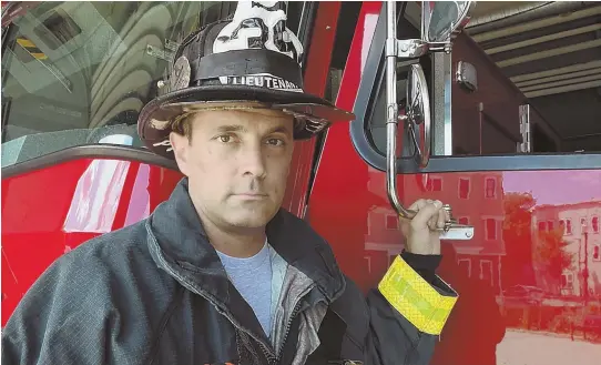  ?? STAFF PHOTOS BY ARTHUR POLLOCK ?? DANGERS: Boston Fire Department Lt. Glenn Preston, left and above left, of Engine 39 in South Boston, is helping create videos for firefighte­rs about the dangers of occupation­al cancer. Preston is battling non-Hodgkin’s lymphoma.