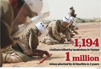  ??  ?? WAM Members of the Saudi Project for Landmine Clearance at work in Yemen’s Taiz province.