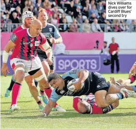  ??  ?? Nick Williams dives over for Cardiff Blues’ second try