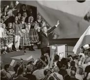  ?? Petr David Josek / Associated Press ?? President Andrzej Duda celebrates after election projection­s show him headed to a runoff. The conservati­ve won 41.8 percent of the vote.