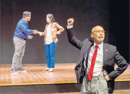  ?? Photograph­s by Craig Schwartz ?? RAMMEL CHAN, from left, Stephenie Soohyun Park and Francis Jue perform in “King of the Yees” at the Kirk Douglas Theatre.