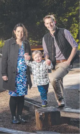 ?? Picture: Chris Kidd ?? Hobart City Council candidate Ryan Posselt with his wife Dr Bronwyn Posselt and son Emerson, 2.