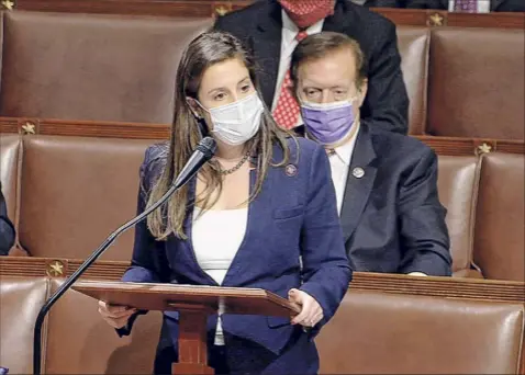  ?? House Television via Associated Press ?? In this image from video, U.S. Rep. Elise Stefanik, R-N.Y., speaks as the House reconvenes to debate the objection to confirm the Electoral College vote from Arizona, after protesters stormed into the U.S. Capitol on Jan. 6.