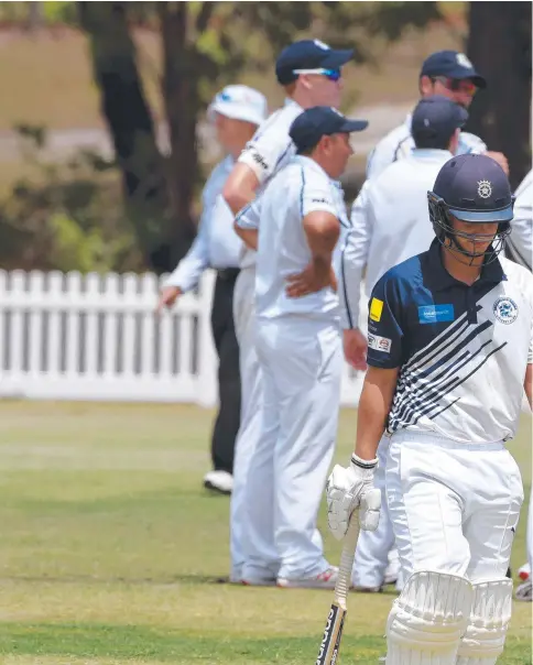  ??  ?? Broadbeach Robina batsman Felix Organ walks off after being dismissed in Saturday’s Kookaburra Cup encounter with Coomera Hope Island a Oxenford.