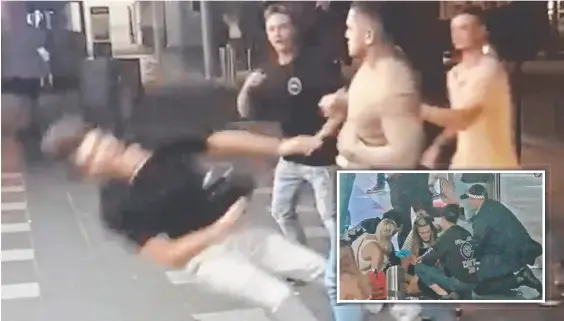  ?? Main picture: Channel 9 ?? Kiwi Caleb Maraku, 19, coward punches teen Taliesin O’Meara in Surfers Paradise in 2017. Inset, in a separate incident, a coward punch victim is attended to in Surfers Paradise in August.