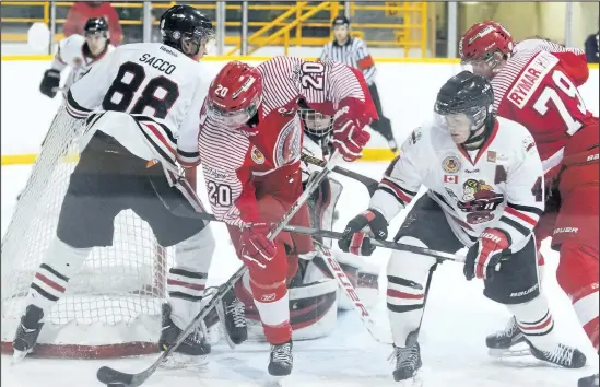  ?? JULIE JOCSAK/POSTMEDIA NETWORK ?? Conor Timmins of the St. Catharines Falcons tries to get the puck into the net during their game against the Thorold Blackhawks at the Jack Gatecliff Arena in a junior B game last season.