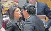  ?? AFP ?? Lonely fight: Nikki Haley with Israeli envoy to UN Danny Danon.