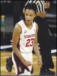  ?? Associated Press ?? NO. 2 — Stanford guard Kiana Williams (23) reacts after sinking a 3-pointer against UCLA in the Pac-12 women’s tournament championsh­ip on Sunday in Las Vegas. Standford won the Pac-12 title and moved up to No. 2 in the AP Top 25.