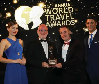  ??  ?? Paul Carnell, sales director and Killian Carroll, finance director of The Convention Centre Dublin accepting the award in Greece at the 25th Annual World Travel Awards