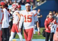  ?? Mark Zaleski / Associated Press ?? Quarterbac­k Patrick Mahomes and the Kansas City Chiefs will look to get back on track when they host the Giants on Monday night.