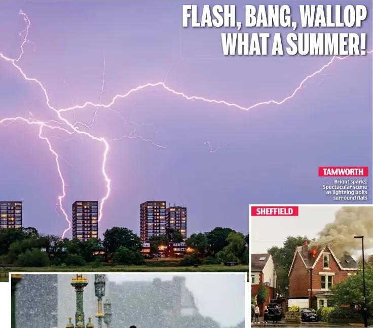  ??  ?? Bright sparks: Spectacula­r scene as lightning bolts surround flats TAMWORTH