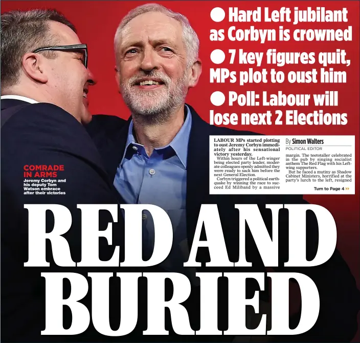  ??  ?? COMRADE IN ARMS Jeremy Corbyn and his deputy Tom Watson embrace after their victories