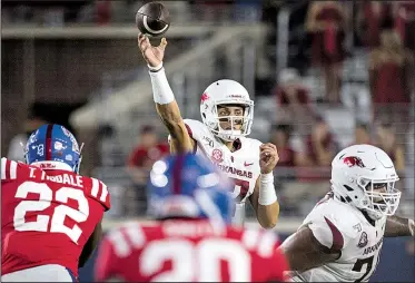  ?? NWA Democrat-Gazette File Photo/BEN GOFF • @NWABENGOFF ?? Arkansas quarterbac­k Nick Starkel throws the ball against Ole Miss on Saturday at Vaught-Hemingway Stadium in Oxford, Miss.