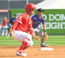  ?? RJ Sangosti, The Denver Post ?? Ryan McMahon, right, playing Sunday in the Rockies’ spring training opener, feels much more comfortabl­e playing second base than he did last season.