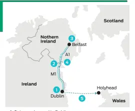  ??  ?? 1. Guinness brewed in Dublin 2. Transporte­d through unmarked border 3. Canned in east Belfast 4. Driven back to Dublin 5. Shipped to Holyhead in Wales