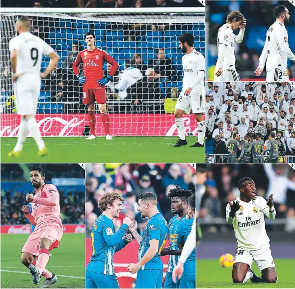  ?? FOTOS: AFP/AP ?? (1) Real Madrid sigue sin funcionar y no ha ganado en este arranque de 2019. (2) Modric era un poema. (3) El gol de Pardo calló el Bernabéu. (4). Suárez sigue demostrand­o su capacidad goleadora. (5) Griezmann marcó para el empate del Atlético. (6) Vinicius se queja de una falta penal. El árbitro no quiso usar el VAR.