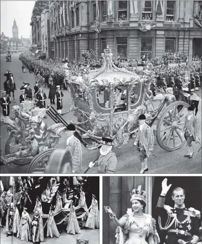  ?? PICTURES: PA WIRE ?? CORONATION: The Queen riding with the Duke of Edinburgh in the State Coach; the Queen flanked by the Bishop of Durham (on her right) and the Bishop of Bath, with her six Maids-of-Honour; the Queen wearing the Imperial State Crown with the Duke of Edinburgh.