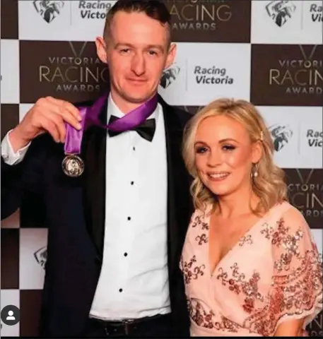  ??  ?? Shane and Lauren Jackson after Shane was presented with his second Tommy Corrigan medal in two years.