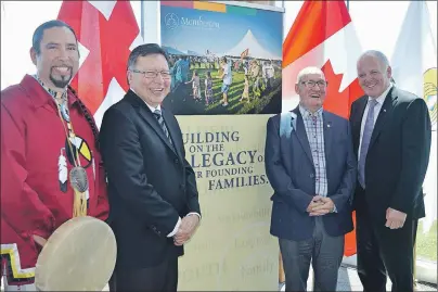  ?? NANCY KING/CAPE BRETON POST ?? Shown from left to right, Jeff Ward, Senator Dan Christmas, Membertou Chief Terry Paul, and Sydney-Victoria MP Mark Eyking took part in an announceme­nt at the Membertou Trade and Convention Centre Friday of almost $1 million in federal grants to...