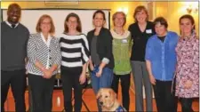  ??  ?? At the grant presentati­on are (from left) Dwayne Walton and Debbie Shup with The Parkesburg Point, Laura O’Kane, Suzie Daily and Louie with Paws & Affection, Meg MacCurtin and Lisa Liddington with Greener Partners, Sr. Betty Scanlon with Community...