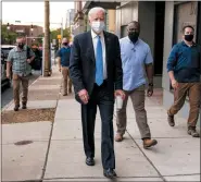  ?? ANDREW HARNIK — THE ASSOCIATED PRESS ?? Democratic presidenti­al candidate former Vice President Joe Biden stops to speak to members of the media as he walks out of the Queen Theater in Wilmington, Del., Thursday, after pre-taping his speech for the Al Smith dinner.