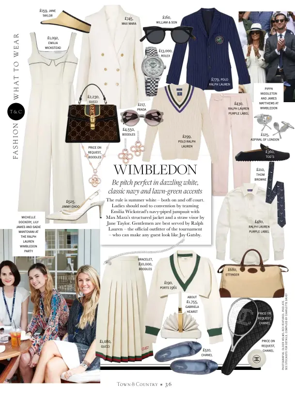  ??  ?? £159, jane taylor michelle dockery, lily james and sadie mantovani at the ralph lauren wimbledon party £1,092, emilia wickstead £2,230, gucci £tktk, tktktktk price on request, boodles £525, jimmy choo £745, max mara £4,550, boodles £217, prada...