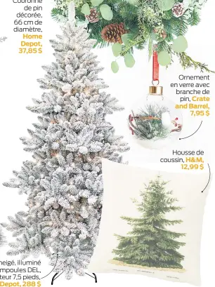  ??  ?? Arbre enneigé, illuminé de 400 ampoules DEL, hauteur 7,5 pieds,
Home Depot, 288 $
Ornement en verre avec branche de pin, Crate and Barrel, 7,95 $
Housse de coussin, H&M, 12,99 $