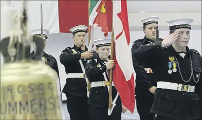  ?? MILLICENT MCKAY/JOURNAL PIONEER ?? Chief Petty Officer 2nd Class, Brock Lynch salutes during the national anthem at the 85 Royal Canadian Sea Cadets Corps recent annual ceremonial review in Summerside.