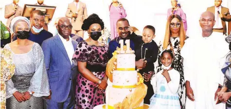  ??  ?? Mother of the late Ibidunni Ighodalo, Monilola Ajayi ( left); Pastor Taiwo Oshinusi; Mrs. Bisi Adeyemi; Senior Pastor, Trinity House, Ituah Ighodalo and his children, Zenan and Keke; wife of Ogun State Governor, Bamidele Abiodun and Chairman, Nigerian- British Chamber of Commerce ( NBCC), Kayode Falowo, during the 11th anniversar­y thanksgivi­ng service of Trinity House in Lagos.