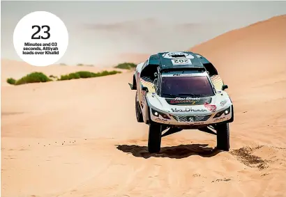  ?? Supplied photo ?? Minutes and 03 seconds, Attiyah leads over Khalid Abu Dhabi Racing’s Khalid Al Qassimi encounteri­ng the mighty dunes during the 289km stage. —