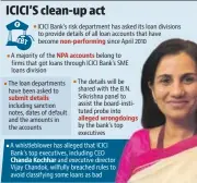  ??  ?? submit details Chanda Kochhar non-performing NPA accounts alleged wrongdoing­s