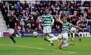  ?? Andrew Milligan/PA ?? Celtic’s Daizen Maeda (right) attempts a shot on goal against Hearts. Photograph: