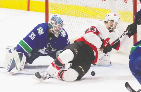  ?? BOB FRID / USA TODAY SPORTS ?? There are true rivalries between some Canadian teams (think Edmonton and Calgary), but Ottawa and Vancouver are
not among them, writes Scott Stinson. Here, Canucks goalie Thatcher Demko stymies Ottawa’s Cedric Paquette.