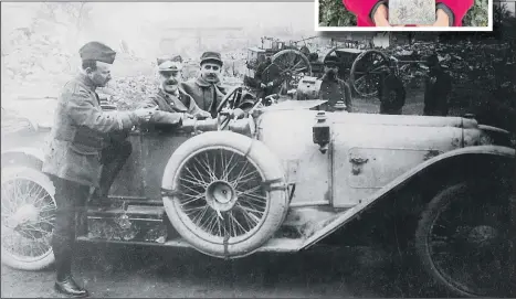  ??  ?? HISTORIC Richard Merry, inset, with his book the Great War of the Argonne Forest. Above: Bob (centre) in the Argonne during Christmas 1914 driving his Mors Sports car alongside Andre Citroen (left) then an artillery officer in the French army. The pPerson to the right is unknown