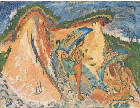  ?? FOTO: BUNDESKUNS­THALLE/© KIRCHNER MUSEUM DAVOS ?? Das Bild „Fehmarndün­e mit Badenden unter Japanschir­men“entstand 1913.