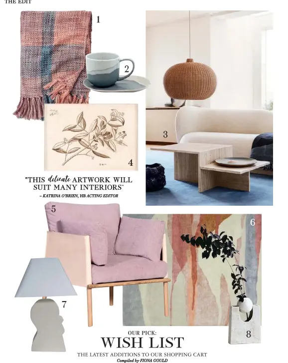  ??  ?? 1. ‘Peru’ check throw in Fuschia, $69.95, Bed Bath N’ Table. 2. Roam teacup and saucer set in Blue, $16.95, Salt & Pepper. 3. Ferm Living ‘Distinct’ travertine coffee table, $3039, Design Stuff. 4. ‘Malabracus Floral 13’ wall art, from $595, Coco Republic. 5. ‘Ingrid’ armchair in Pink Grid & Natural, $2450, Trit House. 6. ‘Tonal Landscape’ rug 152cm x 244cm, $599, West Elm. 7. ‘Monolith’ lamp, $885, Future Collective. 8. ‘Orb’ vessel, $240, Clae Studio. Stockists, page 188