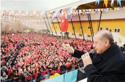  ??  ?? Turkey’s President Recep Tayyip Erdogan addresses supporters of his ruling Justice and Developmen­t Party at a rally on Sunday in Bayburt, northeaste­rn Turkey. (AP)