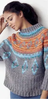  ??  ?? Working the top section and sleeves together means the vibrant colourwork is seamless