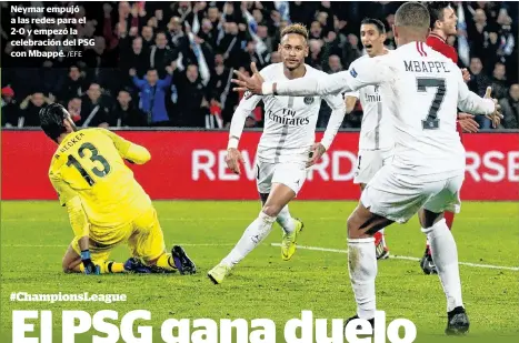  ?? /EFE ?? Neymar empujó a las redes para el 2-0 y empezó la celebració­n del PSG con Mbappé.
