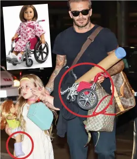  ??  ?? Harper’s doll, with cast circled. Beckham carries the wheelchair