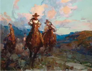  ??  ?? Frank Tenney Johnson (1874-1939),
Cowboy Race, field study for
Dust Stained Riders, oil on canvas, 25 x 30” Estimate: $60/80,000