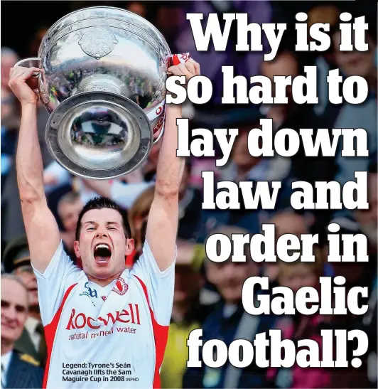  ??  ?? Legend: Tyrone’s Seán Cavanagh lifts the Sam Maguire Cup in 2008